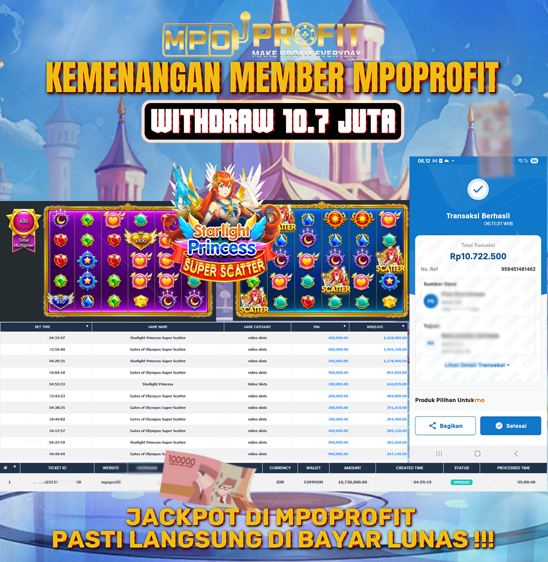 MPOPROFIT JACKPOT SLOT PRAGMATIC PLAY! KEMENANGAN MURNI DI (STARLIGHT PRINCESS SUPER SCATTER TOTAL RP. 10.720.000,- LUNAS)